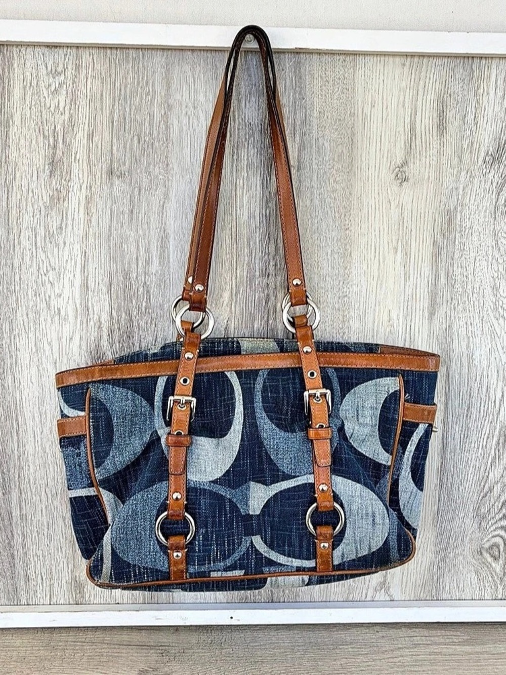 Vintage Y2K COACH Denim Gallery Tote Shoulder Bag Signature C Blue Logo